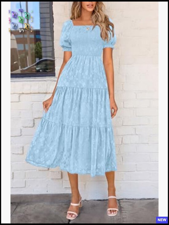 Floral Smocked Midi Dress Square Neck Boho Elegant Summer Casual Flowy - Picture 4 of 7